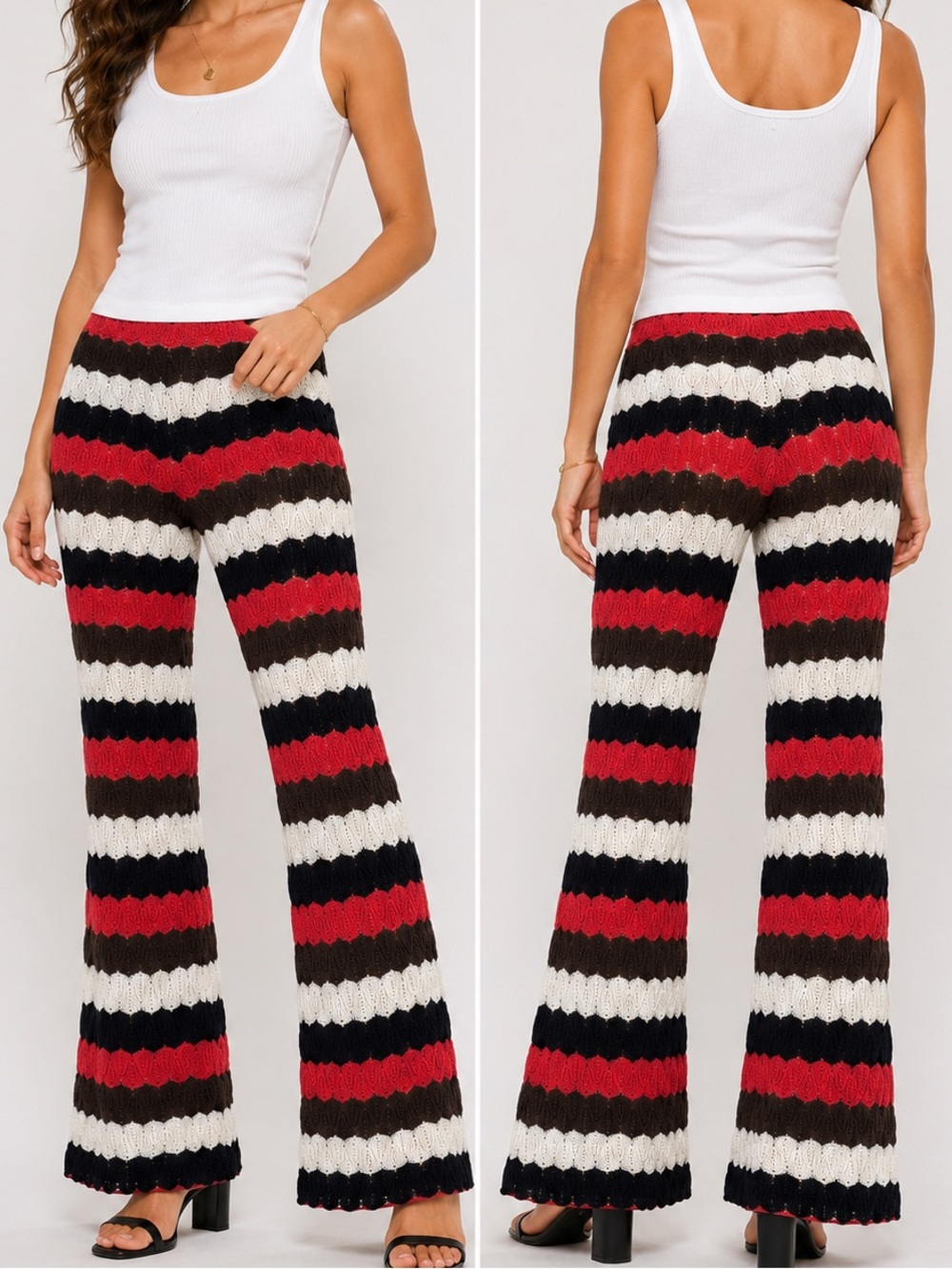 Vintage VaVa by Joy Han Crochet Knit Striped Bell Bottom Pants size L USA